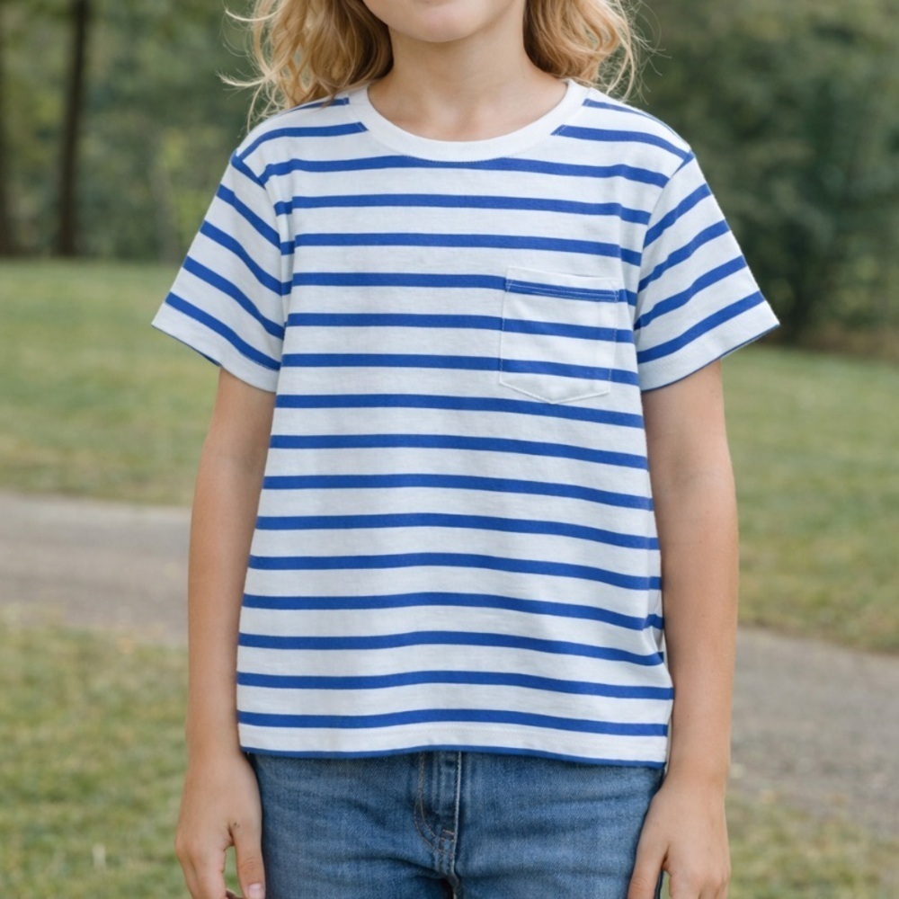 Crewcuts Girls Blue & White Striped Pocket Tee Size 8-9 years